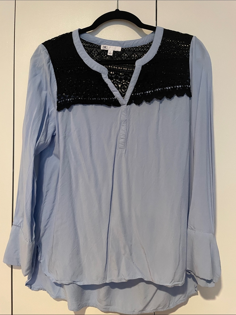 DR2 Powder Blue Long Sleeve Blouse with Black Crochet Yoke